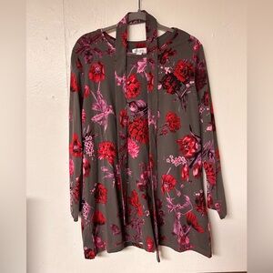 Denim & Company Gray Floral Long Sleeve Tunic fabric belt Women’s Large Petite